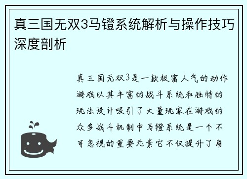 真三国无双3马镫系统解析与操作技巧深度剖析