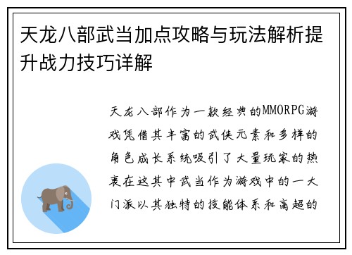 天龙八部武当加点攻略与玩法解析提升战力技巧详解